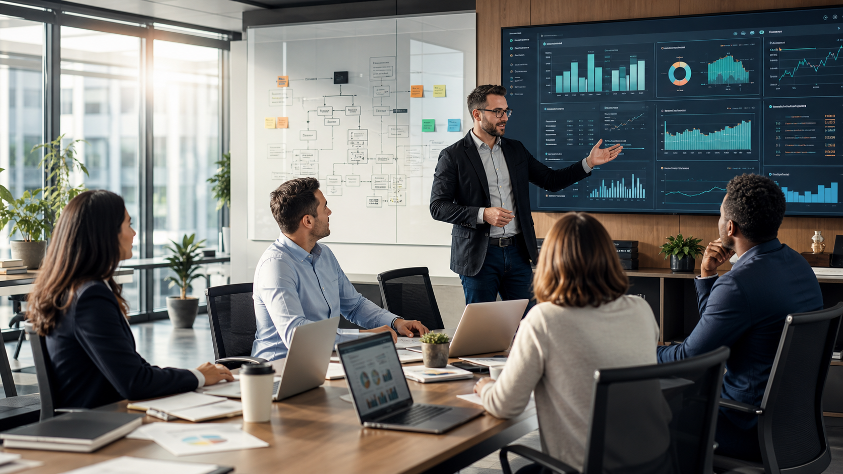 Executives and operators reviewing AI dashboards and workflow maps in a modern operations room.